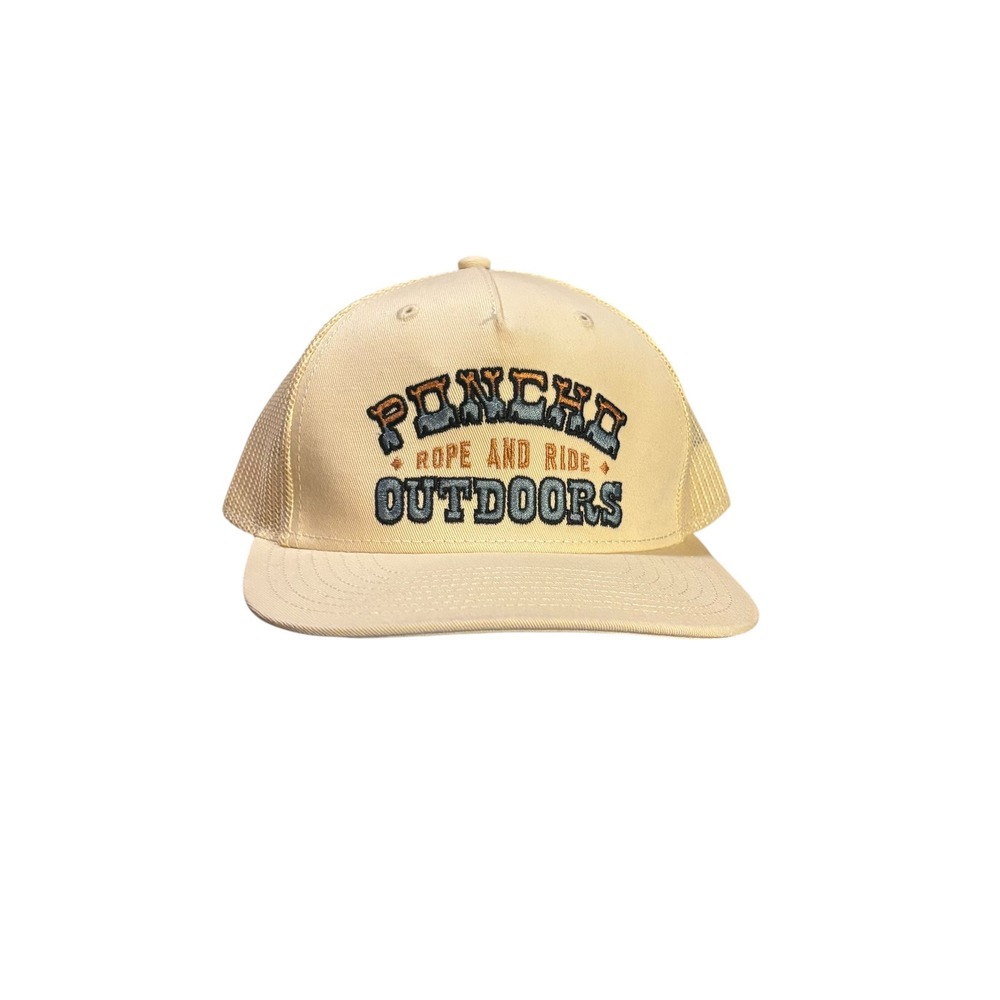 Poncho Outdoors Mens Tan Mesh Trucker Hat Rope‎ and Ride Embroidered Cap